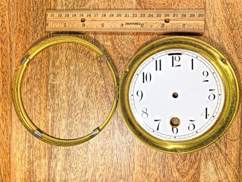 Old 5.57 Inches Dia Clock Bezel W/ Porcelain Time Only Dial (No Glass)  (K9245)