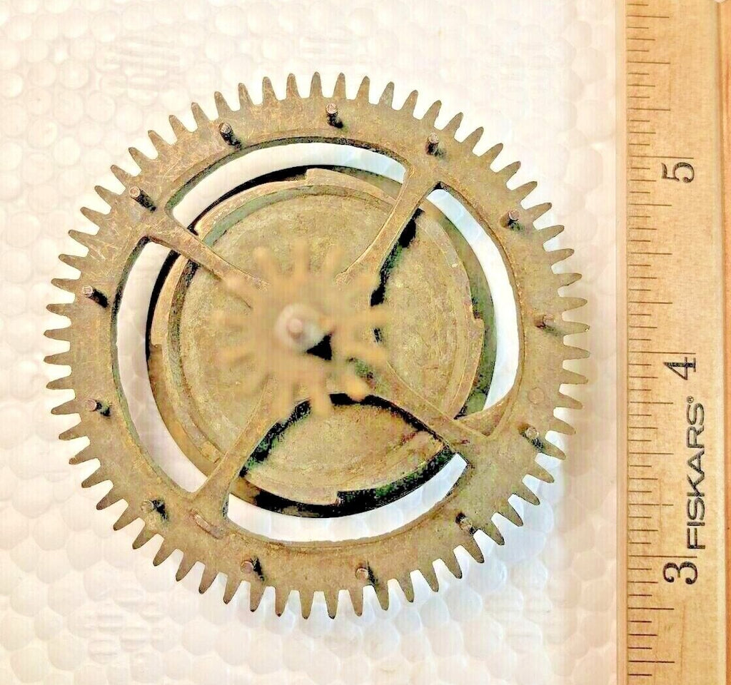 Old Unmarked Clock Chain Wheel 60.3mm Diameter, Shaft is 70.9mm Long (Lot K7488)
