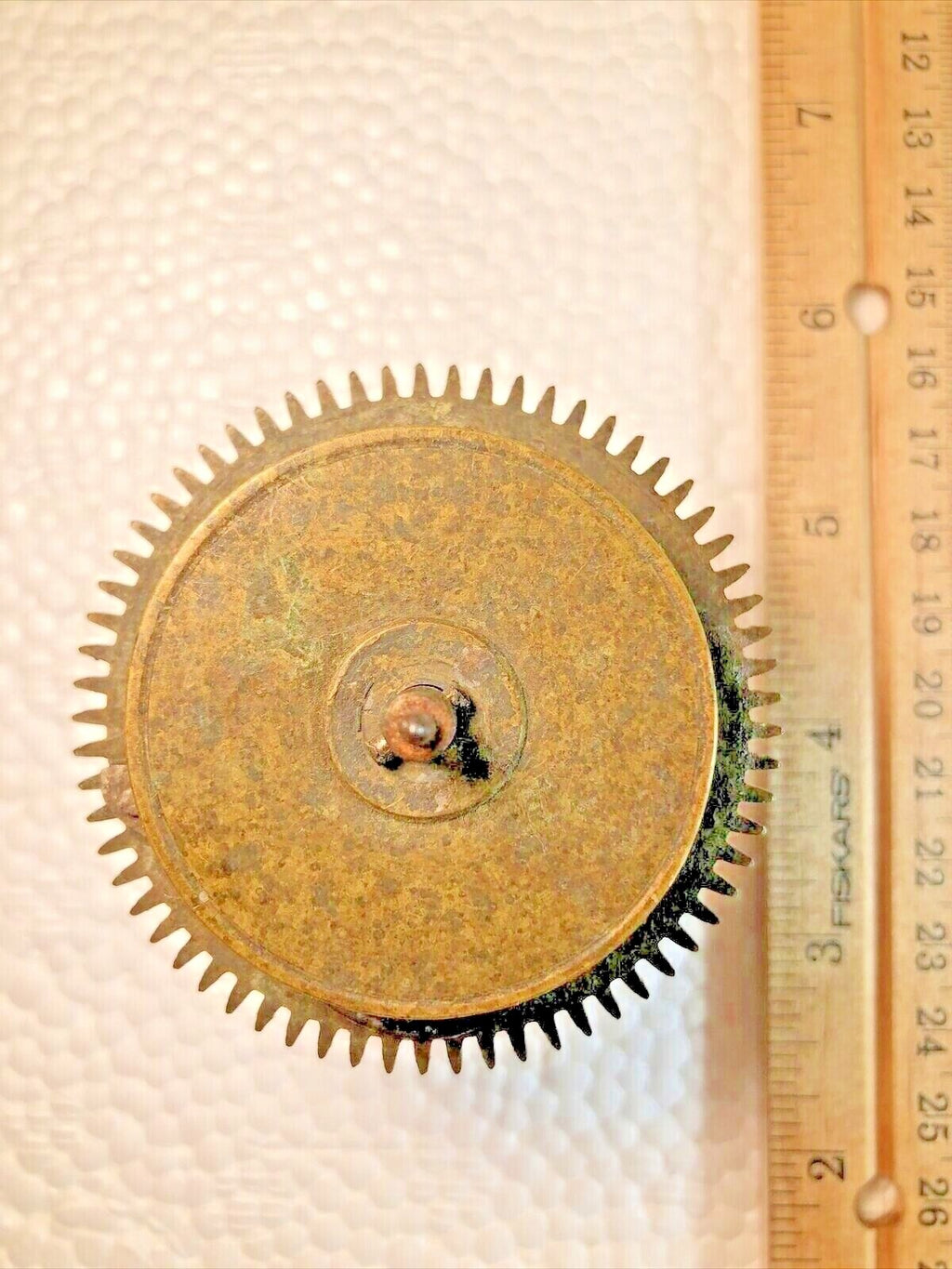 Old Unmarked Clock Chain Wheel 60.3mm Diameter, Shaft is 70.9mm Long (Lot K7488)