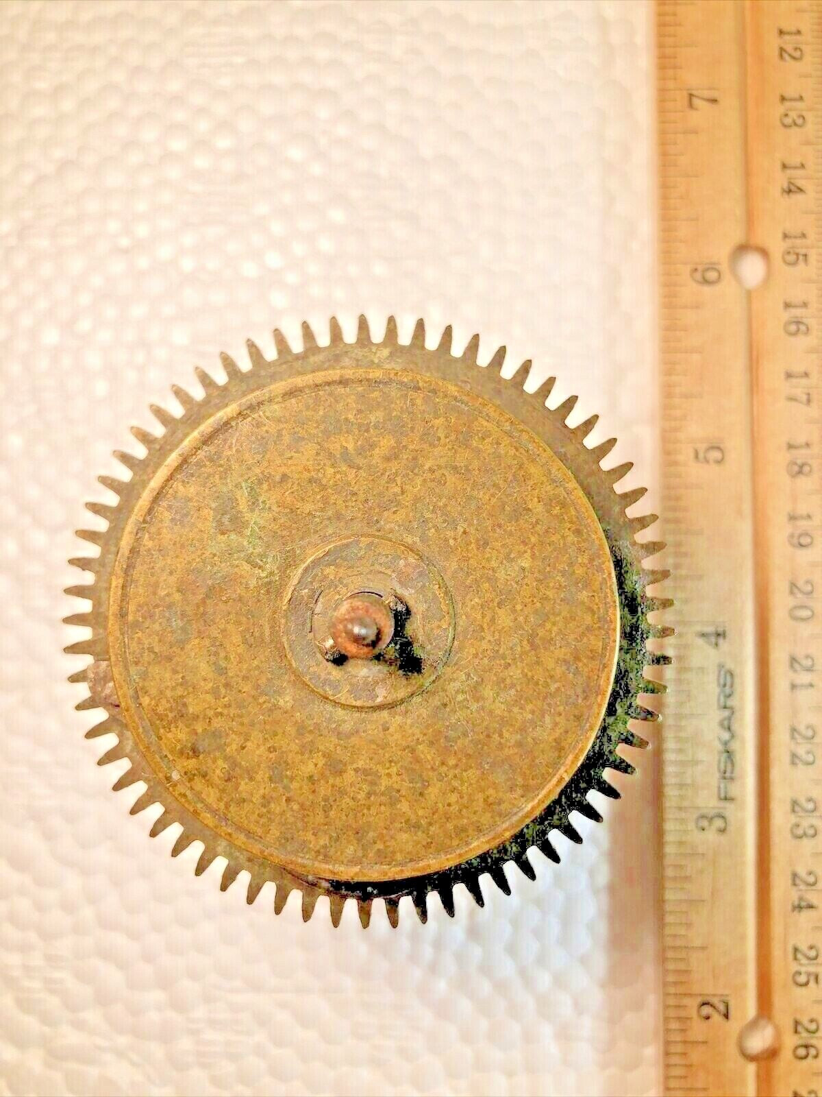 Old Unmarked Clock Chain Wheel 60.3mm Diameter, Shaft is 70.9mm Long (Lot K7488)