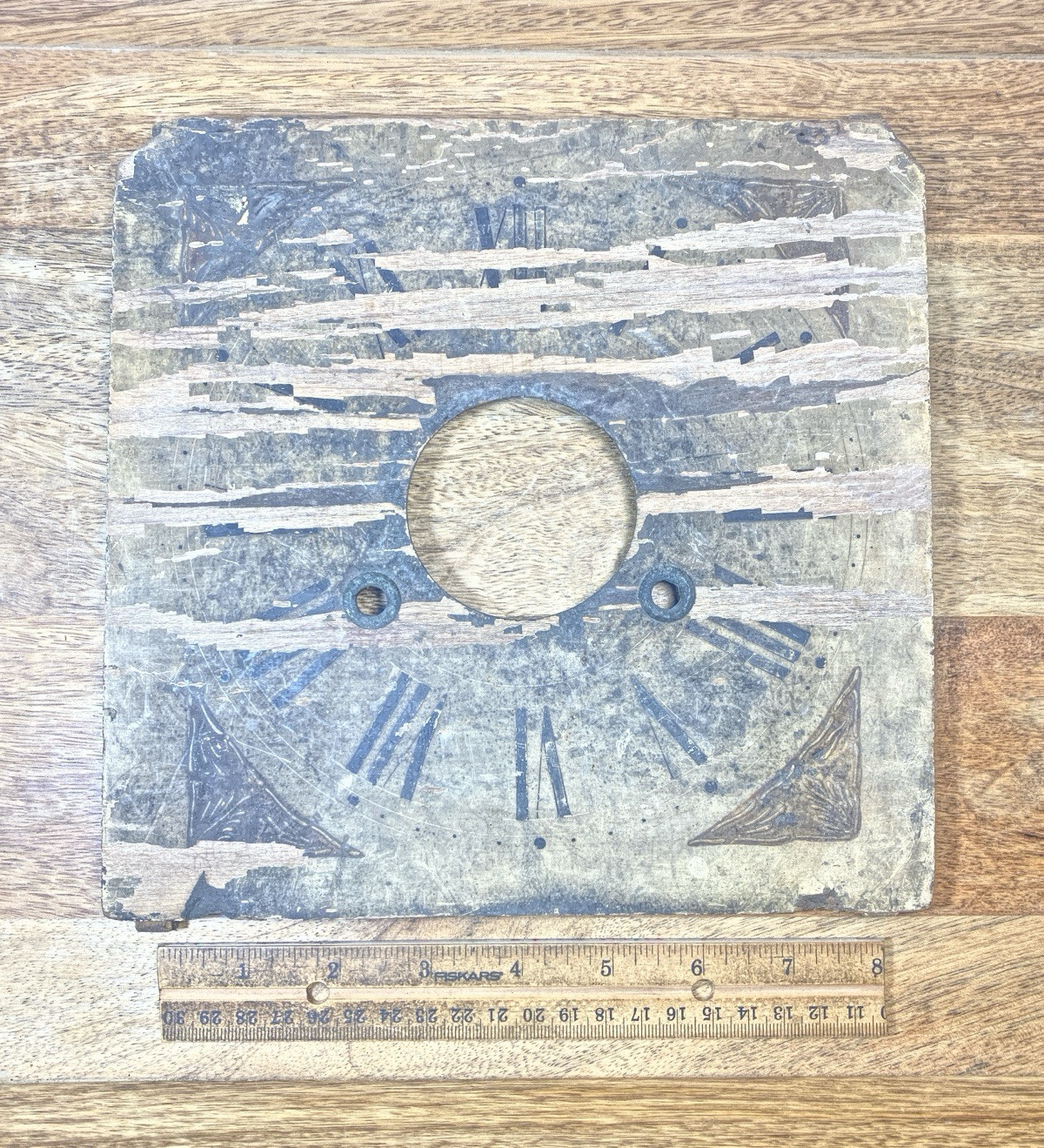 Old Worn Wood Clock Dial Pan 9 1/8 Inches Wide X 8 7/8 Inches Tall    (LL5296)