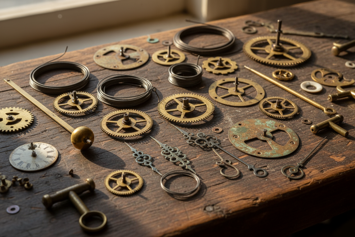 assortment of old clock parts